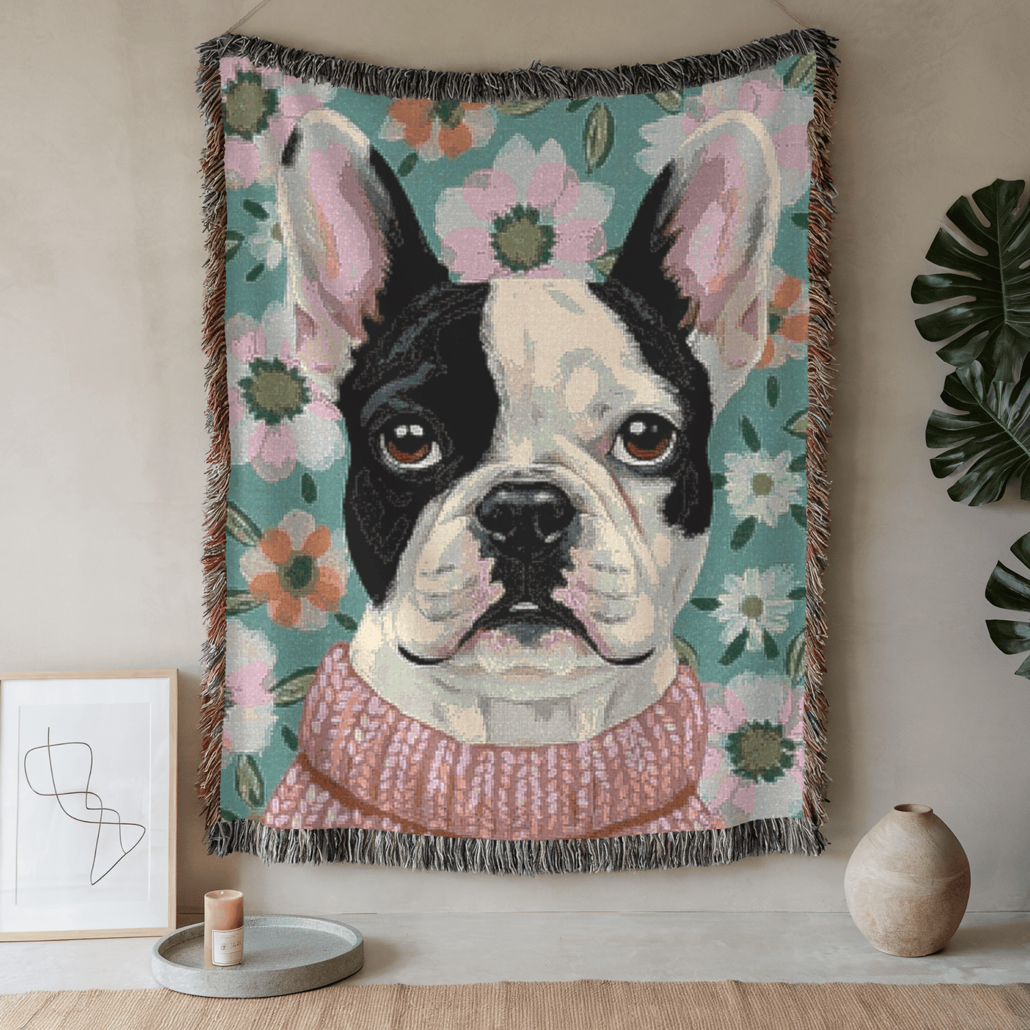 Piebald Frenchie Spring Flowers Woven Blanket 80" × 60"