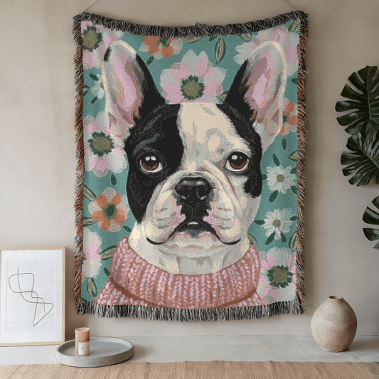 Piebald Frenchie Spring Flowers Woven Blanket 80" × 60"