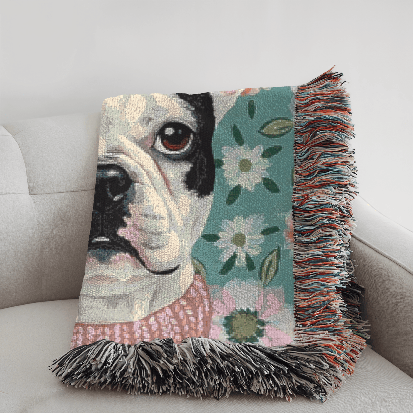 Piebald Frenchie Spring Flowers Woven Blanket
