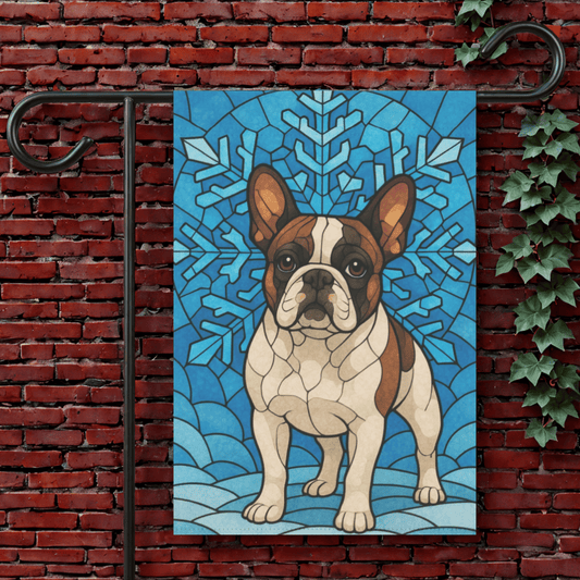 Piebald Frenchie Stained Glass Winter Garden Yard Flag 12'' × 18''