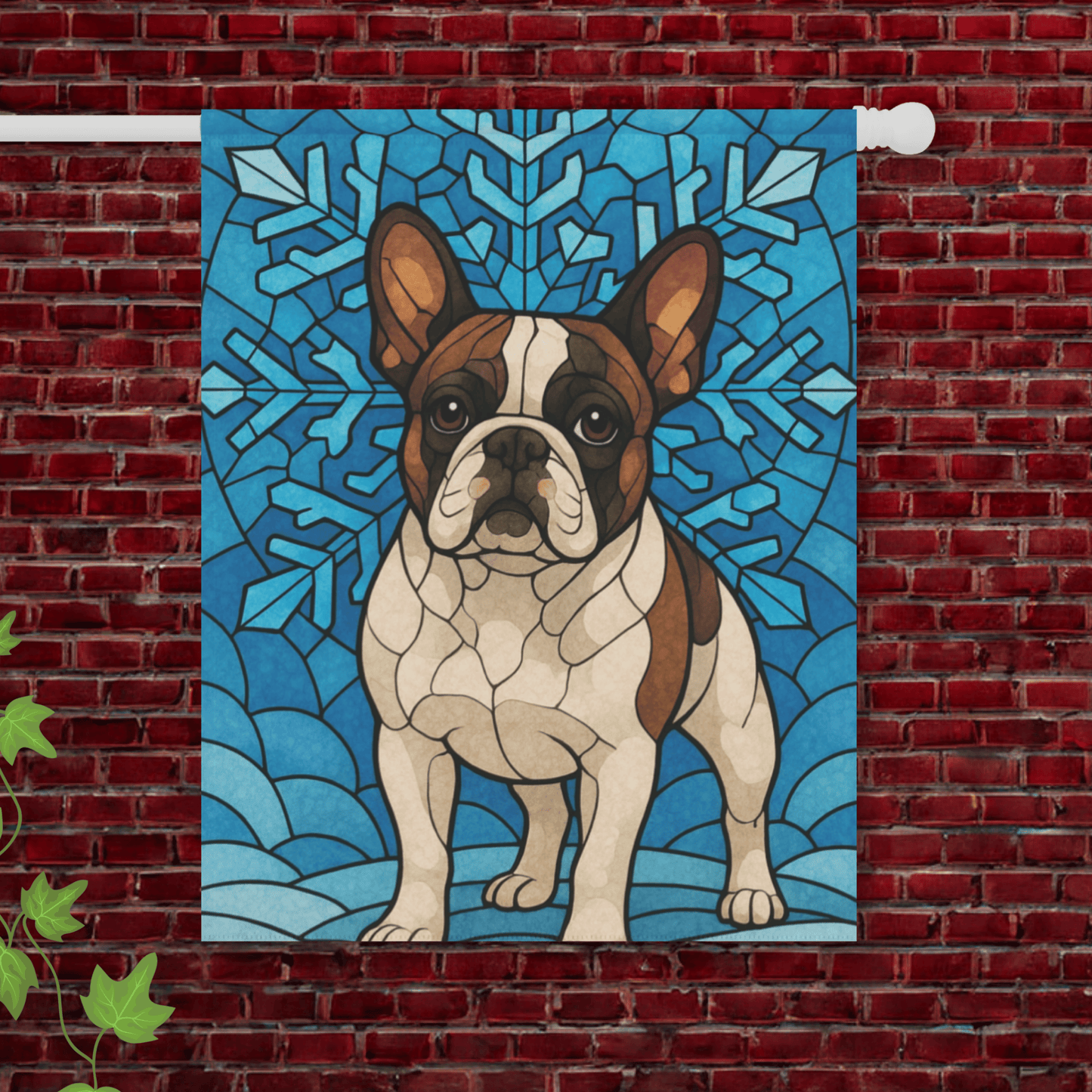 Piebald Frenchie Stained Glass Winter Garden Yard Flag 24.5'' × 32''