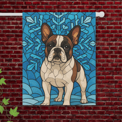 Piebald Frenchie Stained Glass Winter Garden Yard Flag 24.5'' × 32''