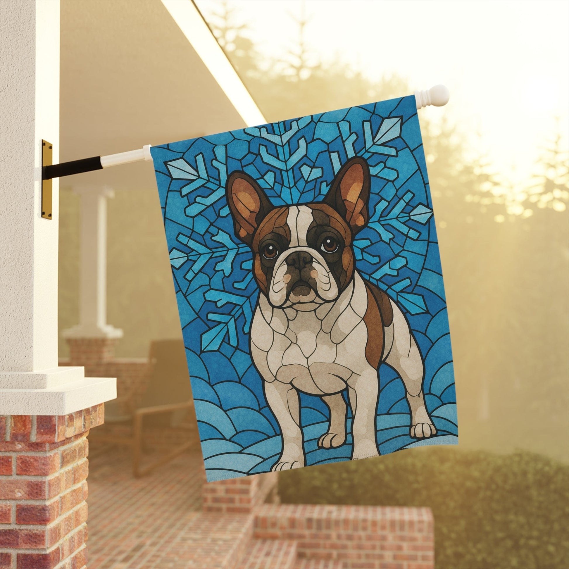 Piebald Frenchie Stained Glass Winter Garden Yard Flag