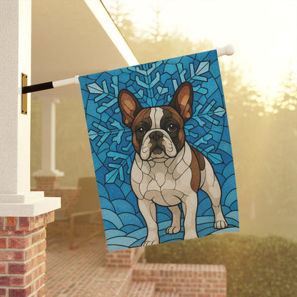 Piebald Frenchie Stained Glass Winter Garden Yard Flag