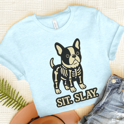 Piebald Frenchie Stay. Slay. TShirt Heather Ice Blue