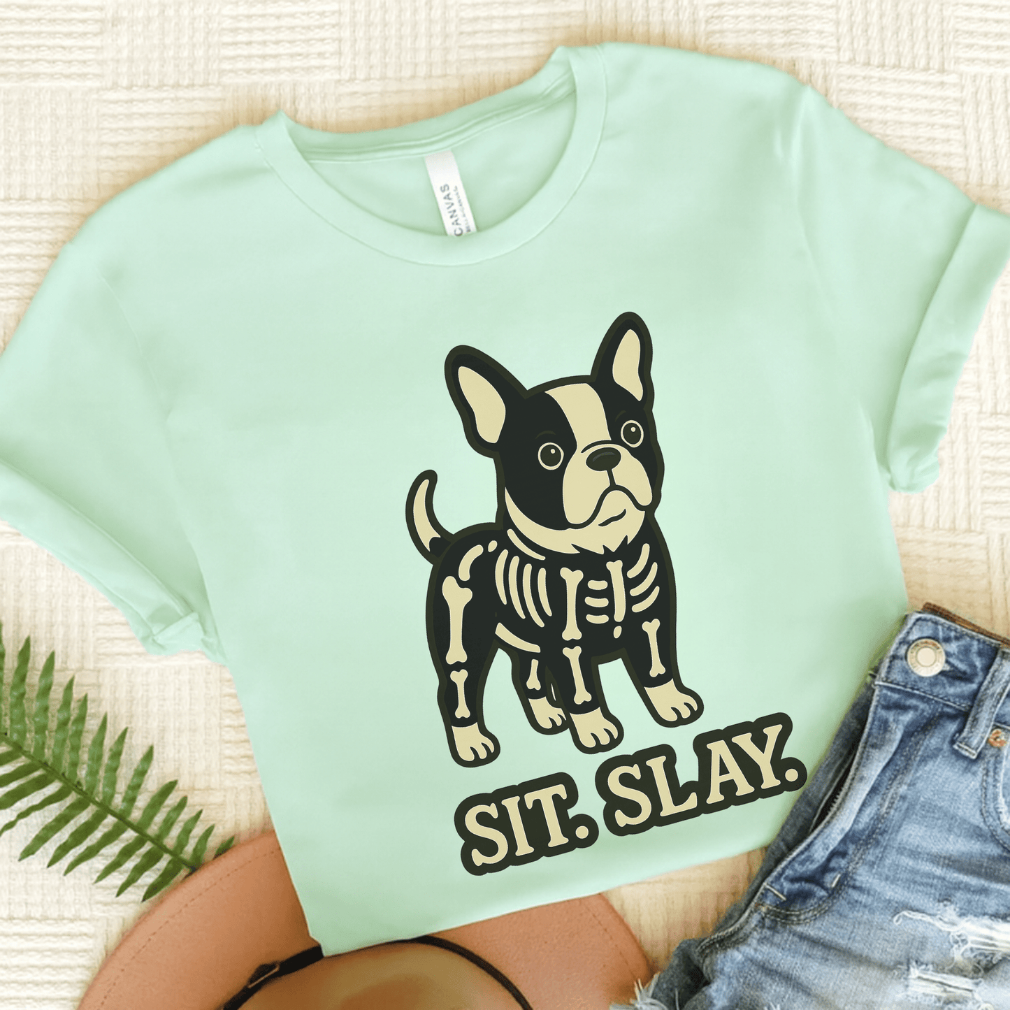 Piebald Frenchie Stay. Slay. TShirt Heather Mint