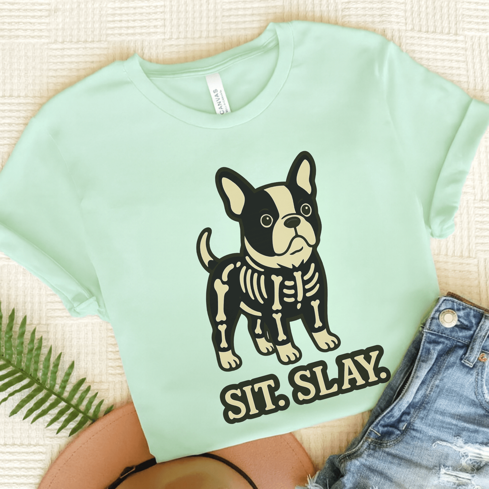 Piebald Frenchie Stay. Slay. TShirt Heather Mint