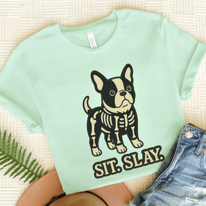 Piebald Frenchie Stay. Slay. TShirt Heather Mint