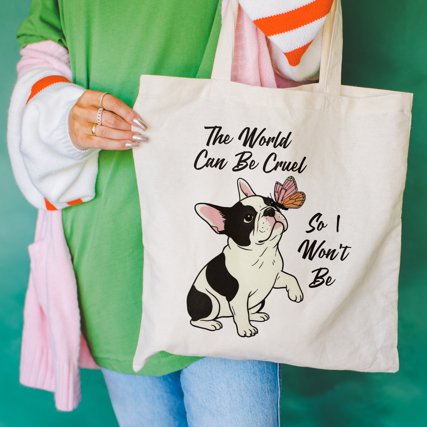 Cruel World Piebald Frenchie Tote Bag Natural 15" x 16"