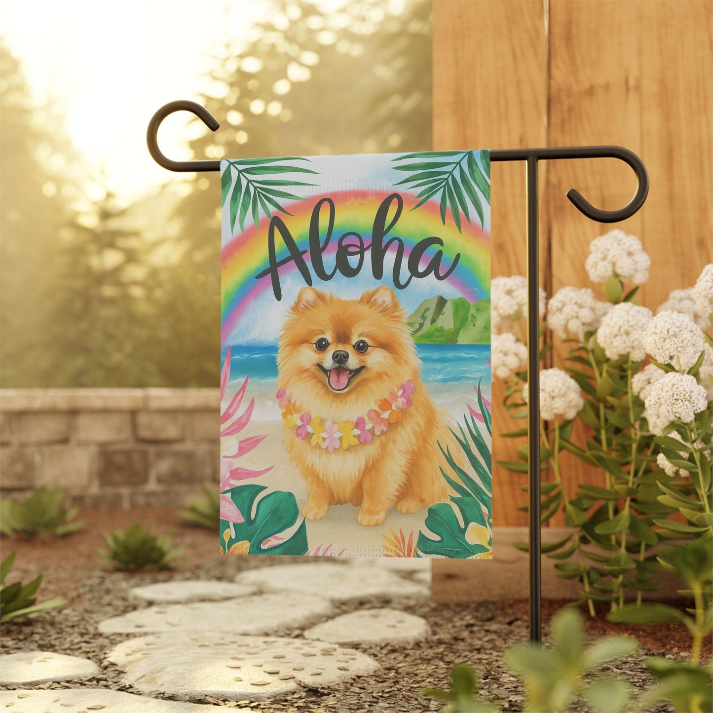 Printify Garden Flag Pomeranian Dog Aloha Luau Garden Flag