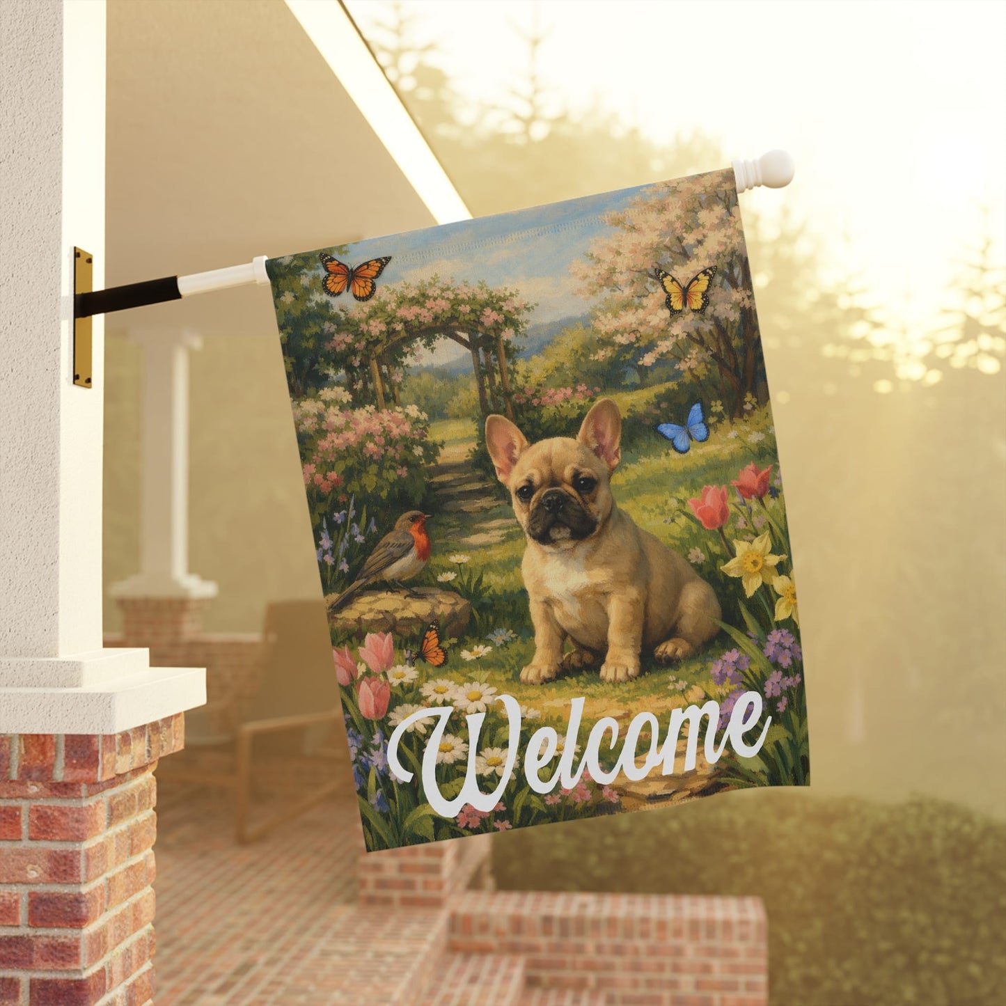 Puppy Fawn Frenchie Garden Butterflies Yard Flag