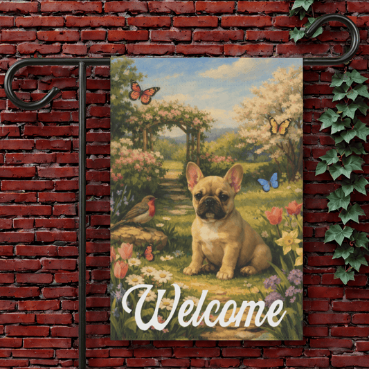 Puppy Fawn Frenchie Garden Butterflies Yard Flag 12'' × 18''