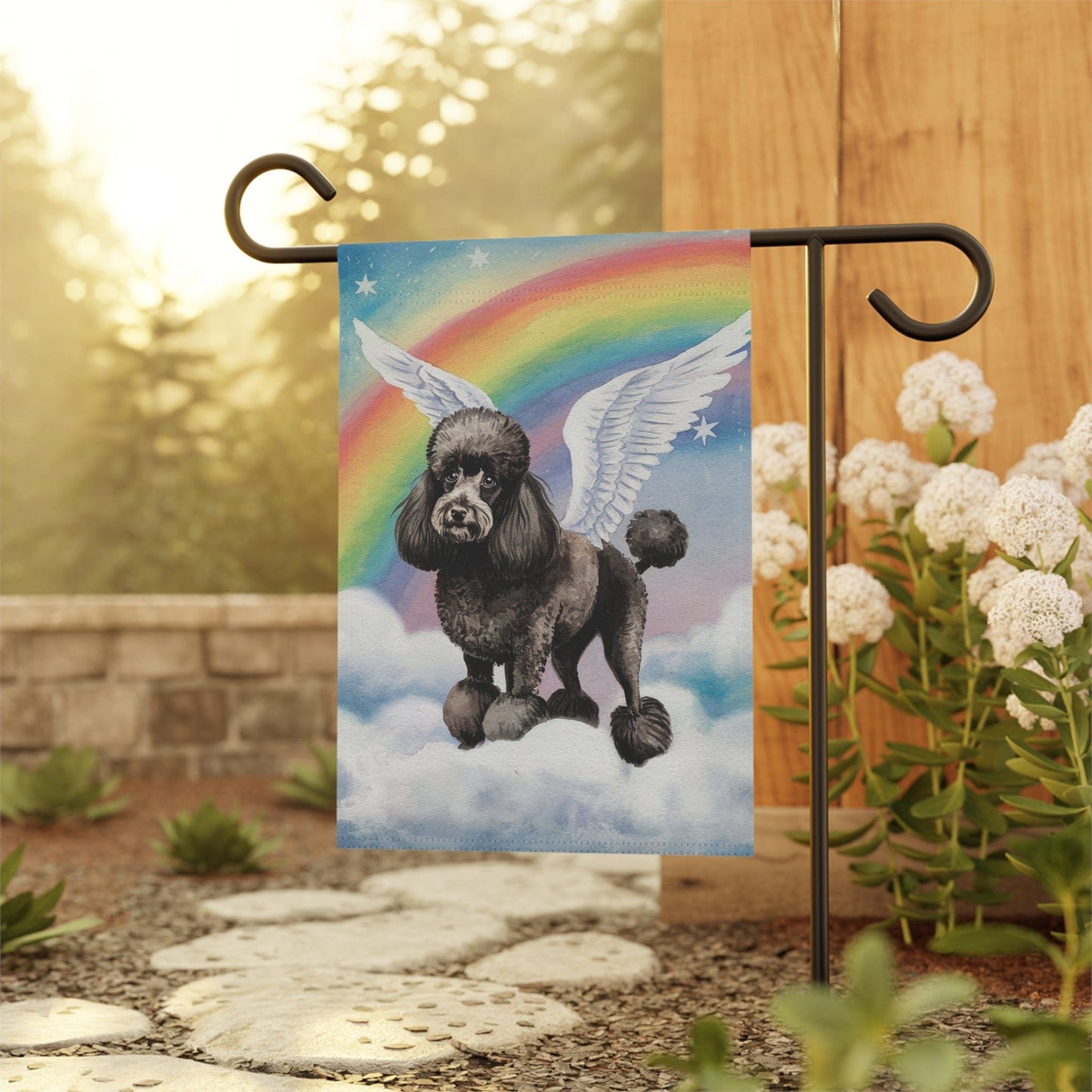 Printify Home Decor Rainbow Bridge Black French Poodle, Loss of Pet Garden Flag, Yard Spring Decor, Grieving Gardener Gift