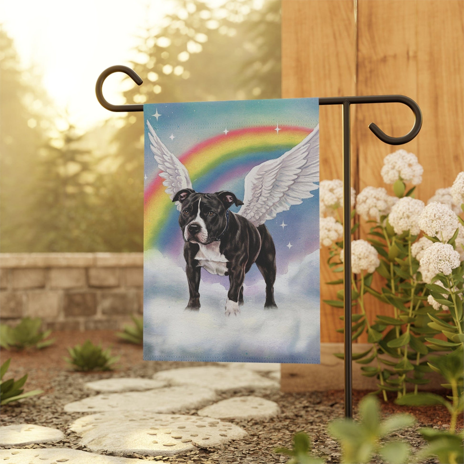 Printify Home Decor Rainbow Bridge Black Staffordshire Bull Terrier, Loss of Pet Garden Flag, Yard Decor, Grieving Gardener