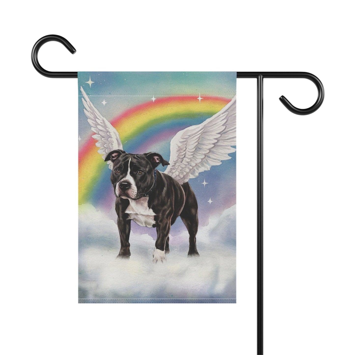 Printify Home Decor Rainbow Bridge Black Staffordshire Bull Terrier, Loss of Pet Garden Flag, Yard Decor, Grieving Gardener