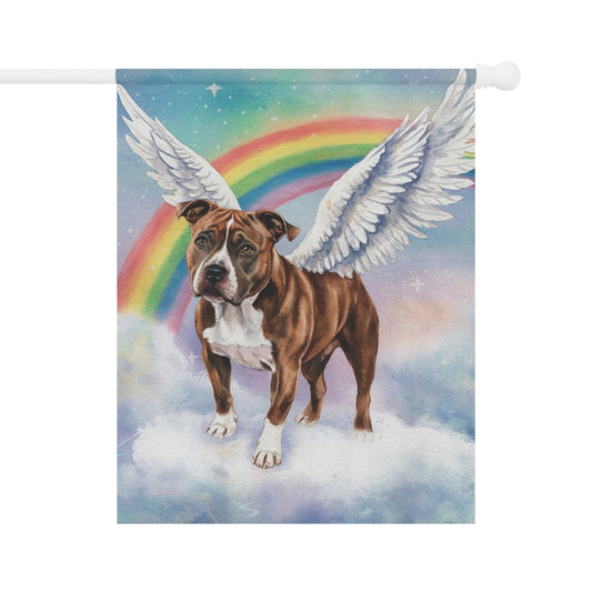 Rainbow Bridge Brown Staffordshire Bull Terrier Garden Flag, Angel Dog Portrait, Front Yard Decor, Grieving Pet Loss 24.5'' × 32''