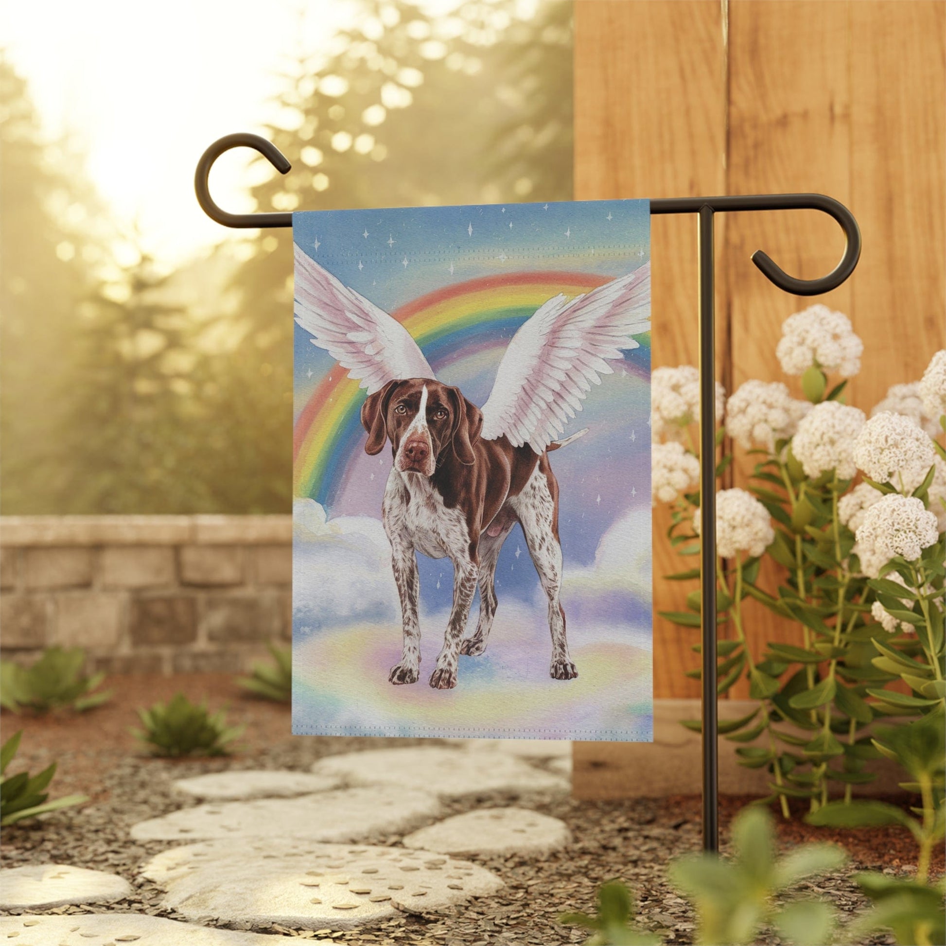 Printify Home Decor Rainbow Bridge German Shorthaired Pointer, Loss of Pet Garden Flag, Yard Spring Decor, Grieving Dog Memorial