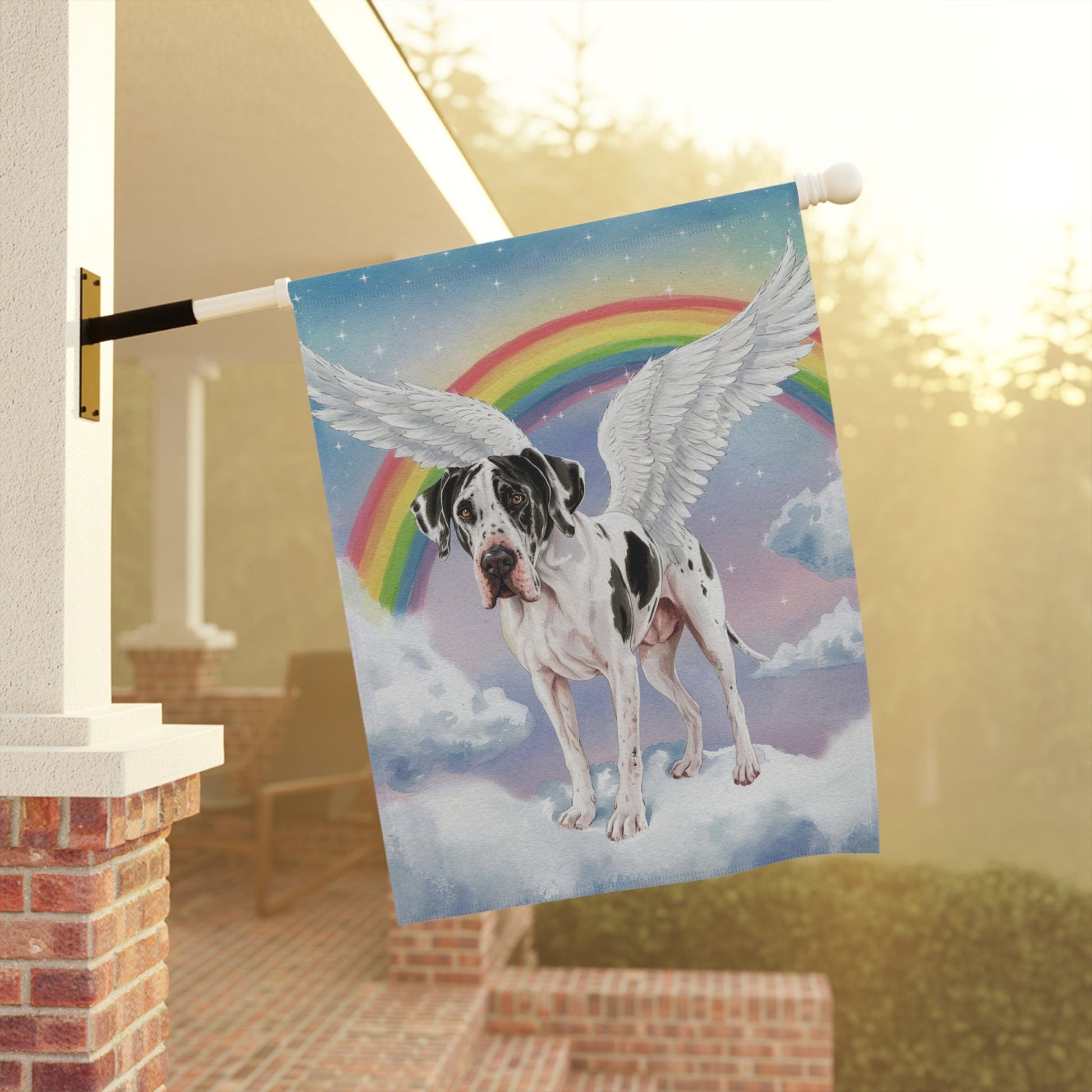 Printify Home Decor Rainbow Bridge Harlequin Great Dane, Loss of Pet Garden Flag, Yard Spring Decor, Grieving Dog Memorial