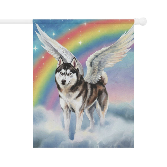 Rainbow Bridge Husky, Dog Portrait Garden Flag, Yard Spring Decor, Housewarming Grieving Pet Loss 24.5'' × 32''