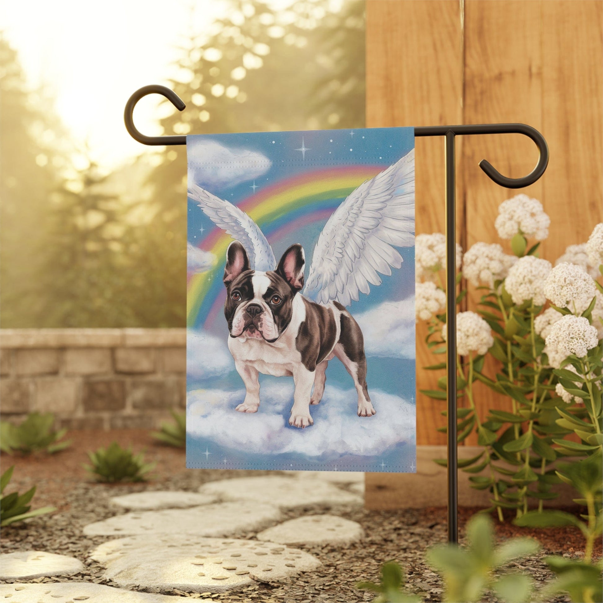 Printify Home Decor Rainbow Bridge Piebald French Bulldog, Loss of Pet Garden Flag, Yard Spring Decor, Grieving Dog Memorial