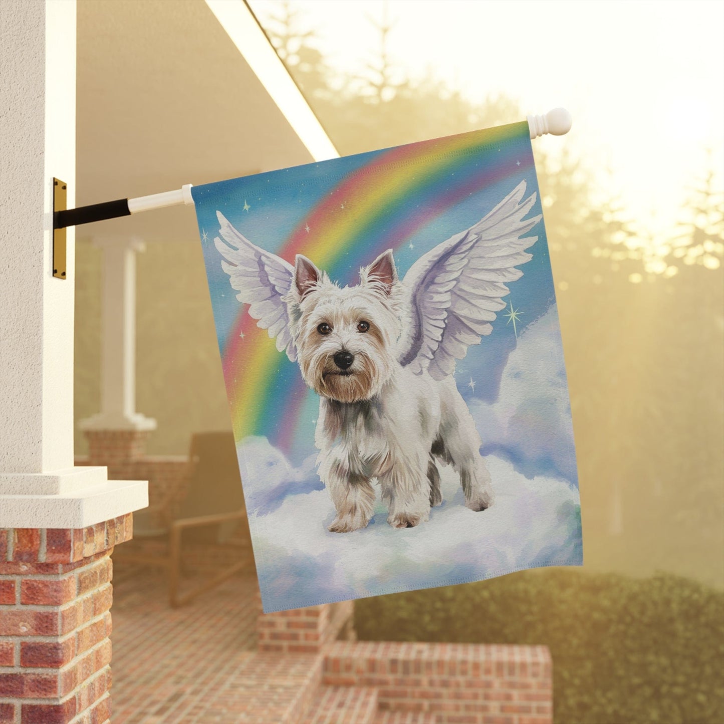 Printify Home Decor Rainbow Bridge Westie, Angelic West Highland Terrier Loss of Pet Garden Flag, Yard Grieving