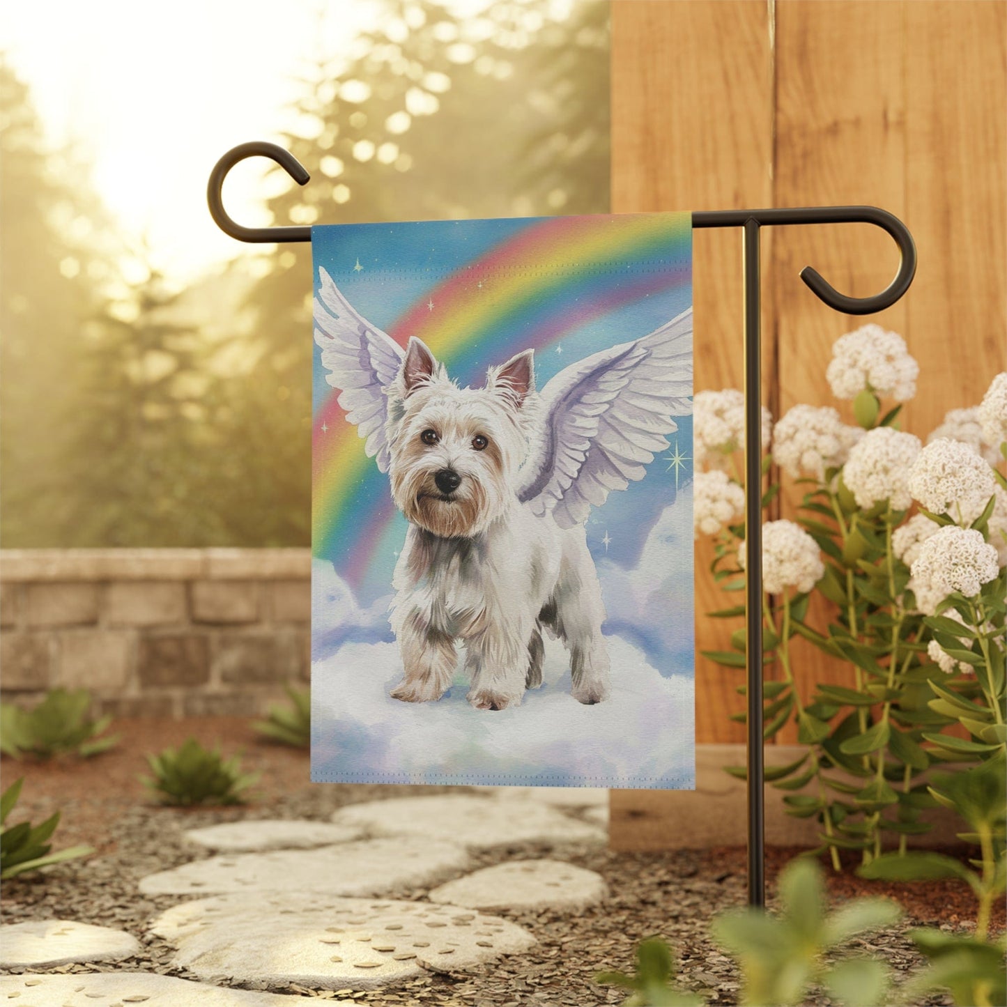 Printify Home Decor Rainbow Bridge Westie, Angelic West Highland Terrier Loss of Pet Garden Flag, Yard Grieving