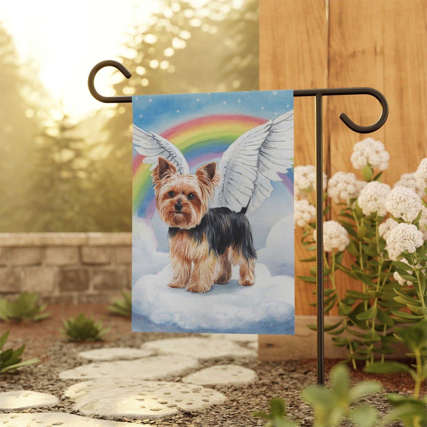 Printify Home Decor Rainbow Bridge Yorkie, Yorkshire Terrier, Loss of Pet Garden Flag, Front Yard Spring Grieving Gardener