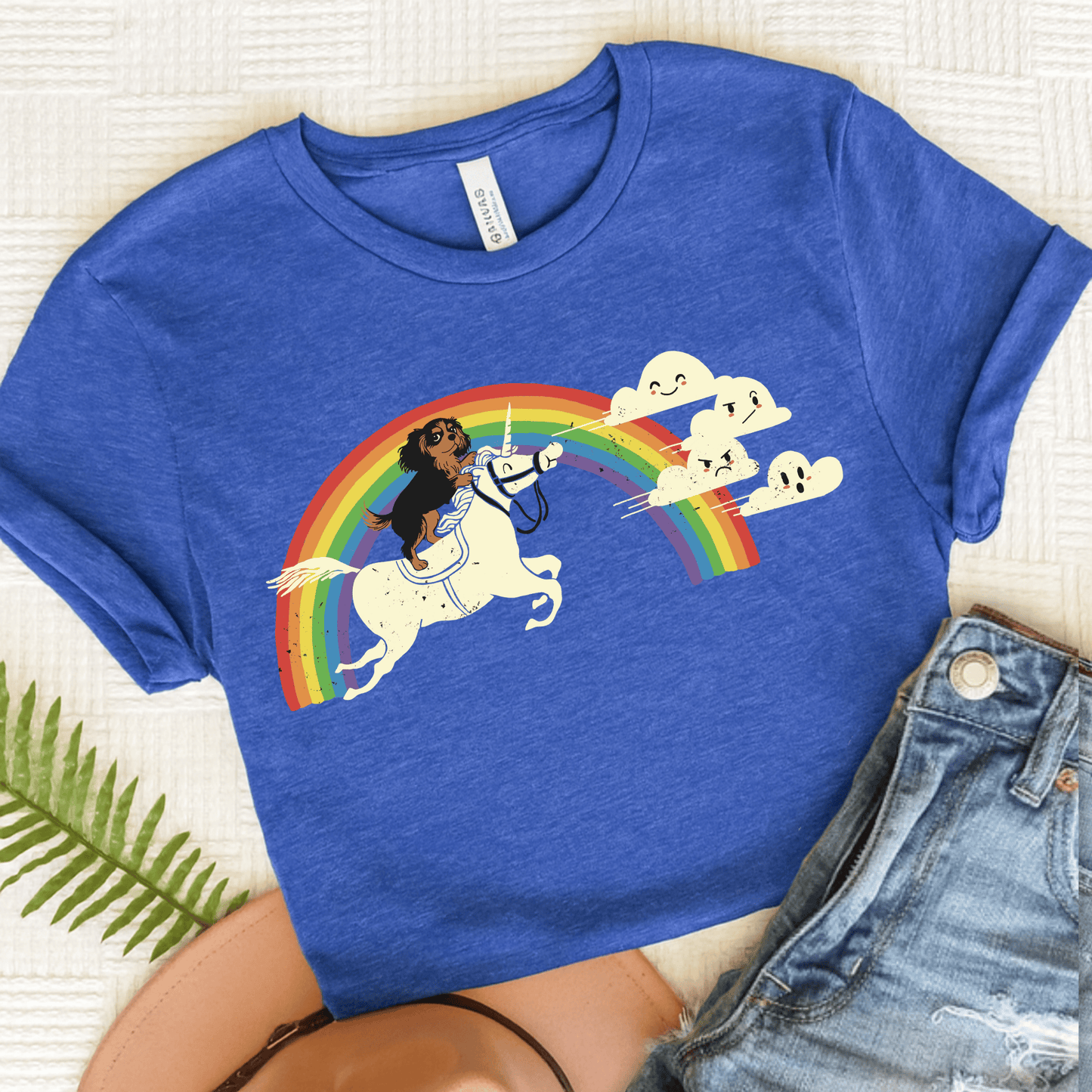 Rainbow Unicorn Personalized Cavalier Unisex Tshirt Heather True Royal
