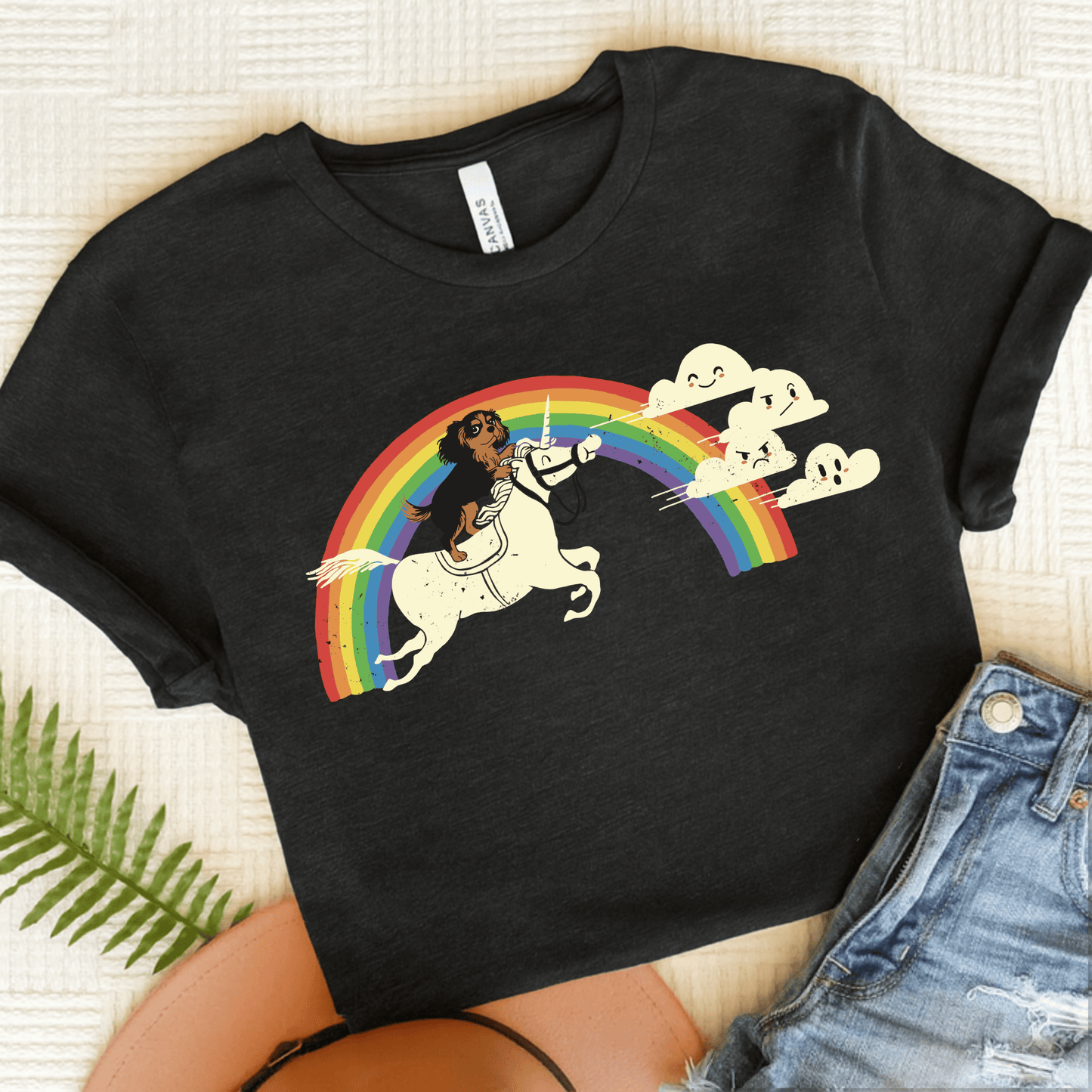 Rainbow Unicorn Personalized Cavalier Unisex Tshirt Dark Grey Heather