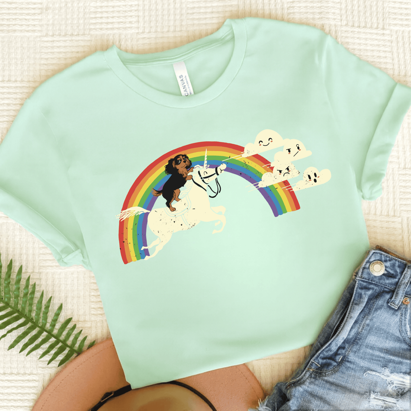 Rainbow Unicorn Personalized Cavalier Unisex Tshirt Heather Mint