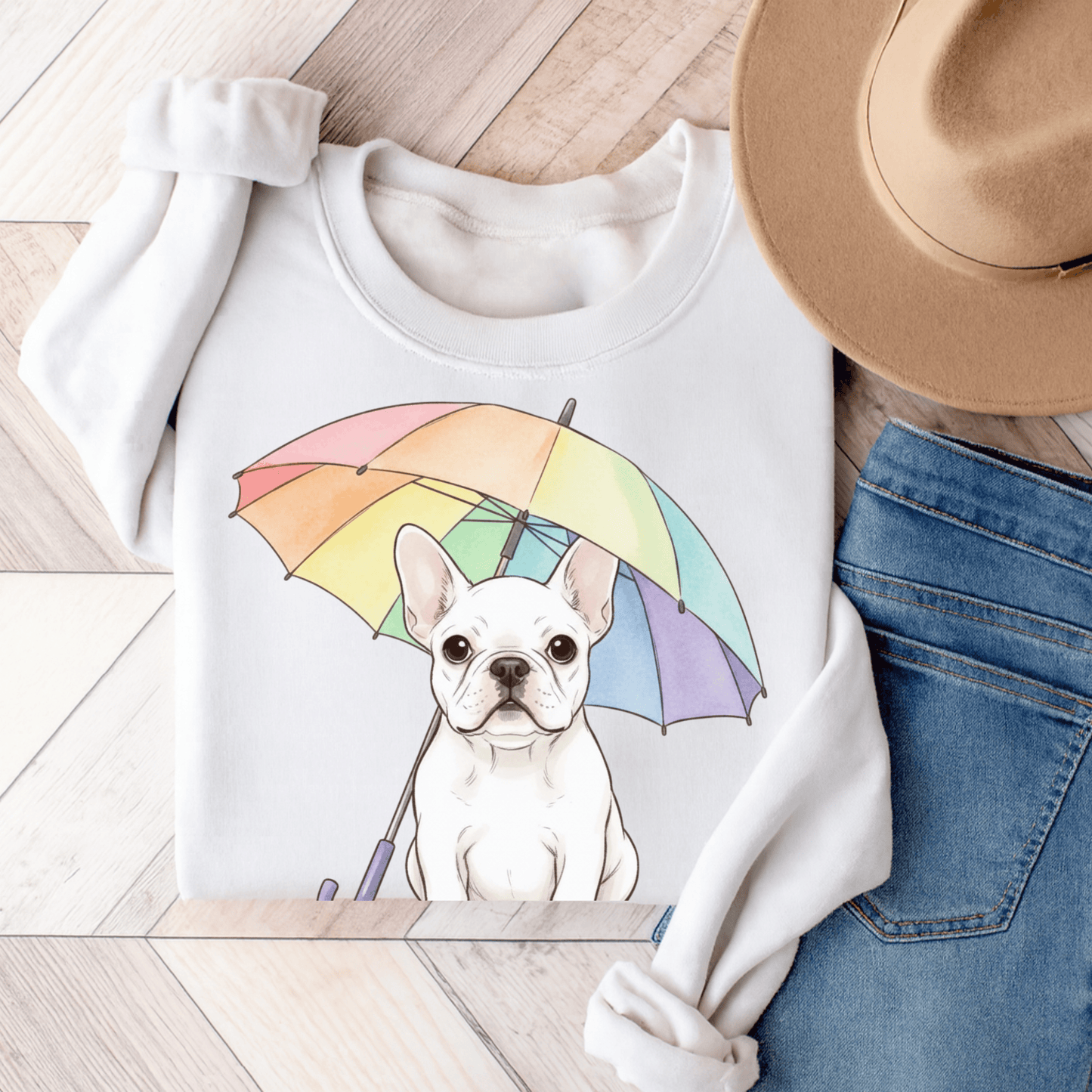 Rainy Day Rainbow White Fawn French Bulldog Sweatshirt White