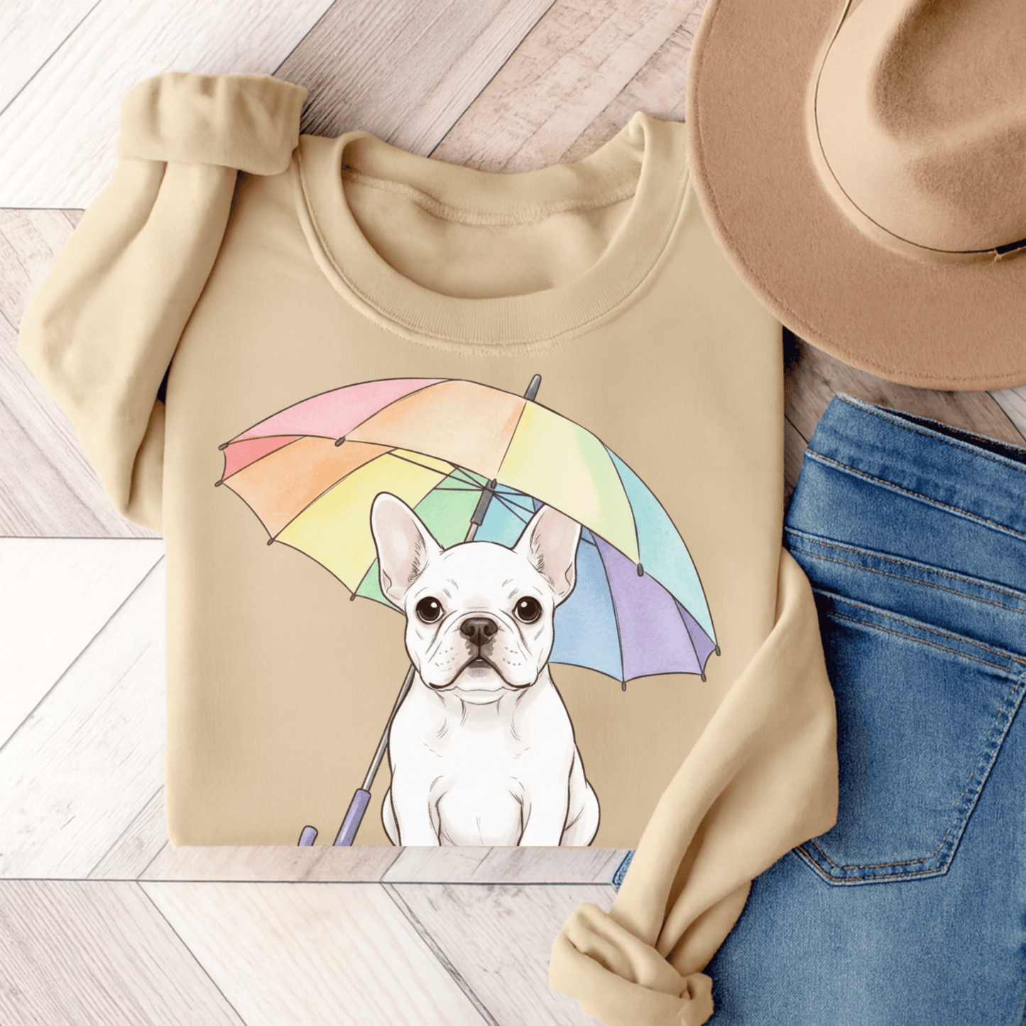 Rainy Day Rainbow White Fawn French Bulldog Sweatshirt Sand