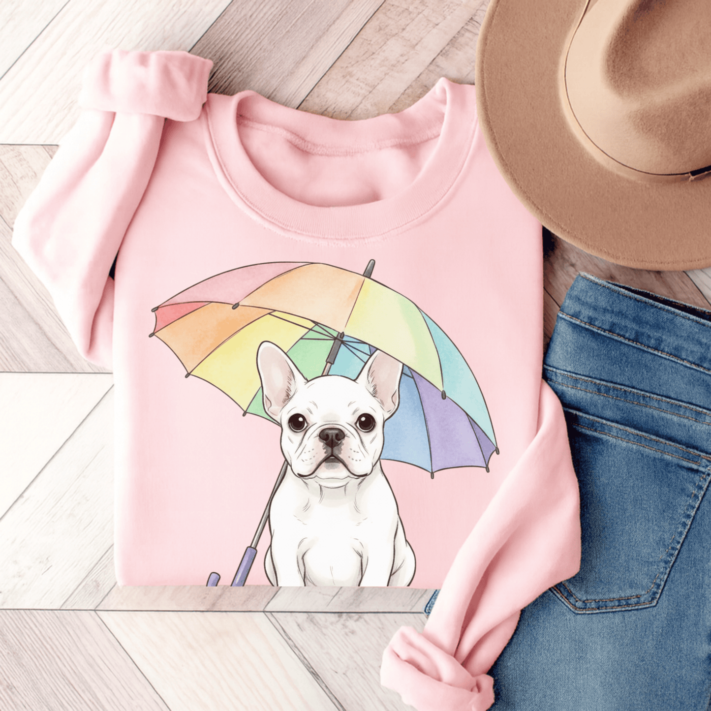 Rainy Day Rainbow White Fawn French Bulldog Sweatshirt Light Pink