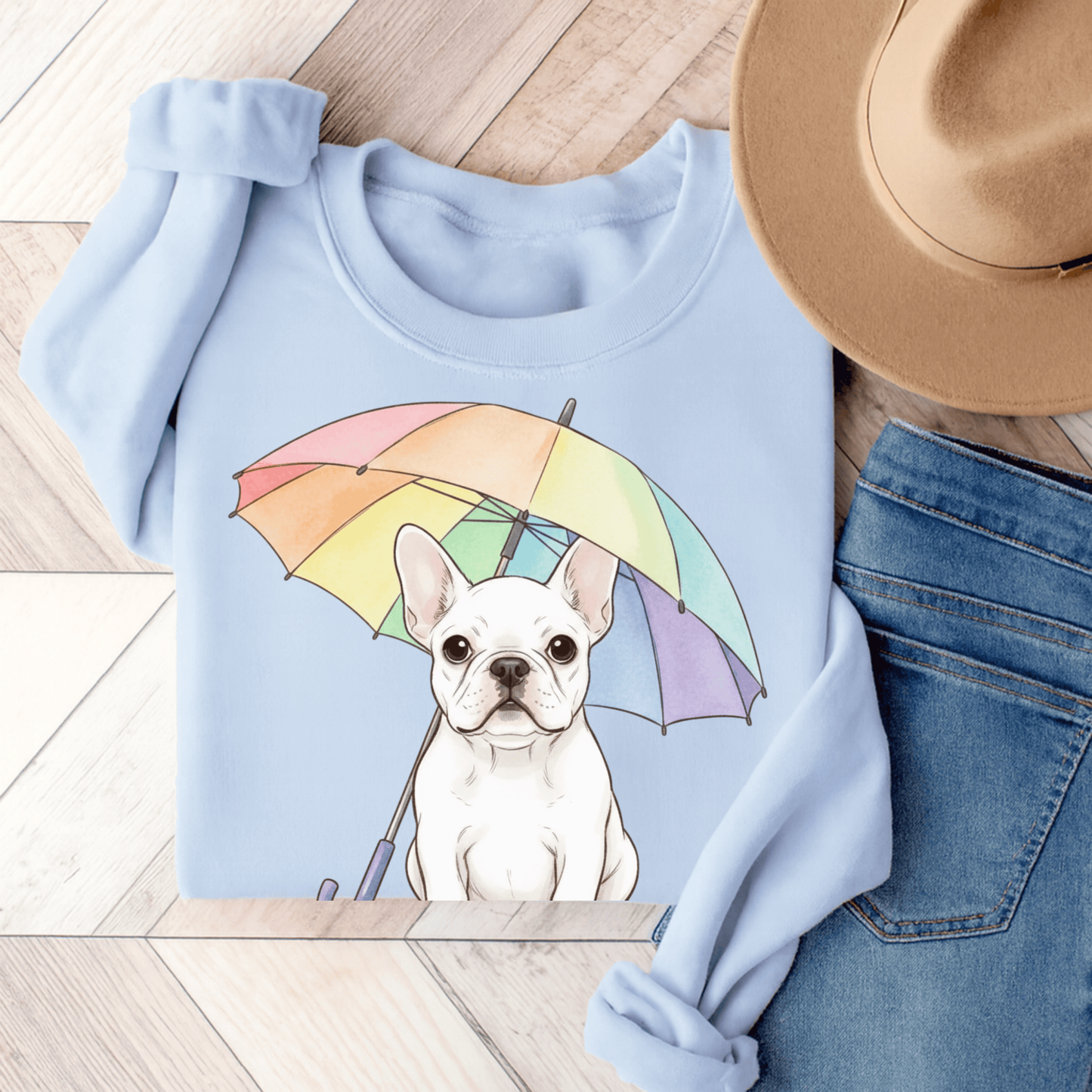 Rainy Day Rainbow White Fawn French Bulldog Sweatshirt Light Blue