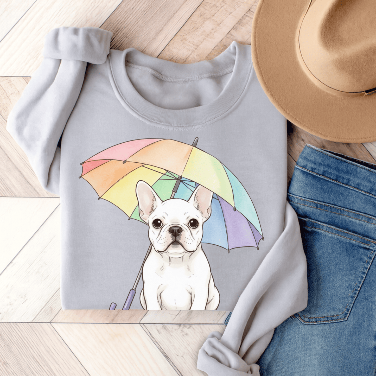Rainy Day Rainbow White Fawn French Bulldog Sweatshirt Ash