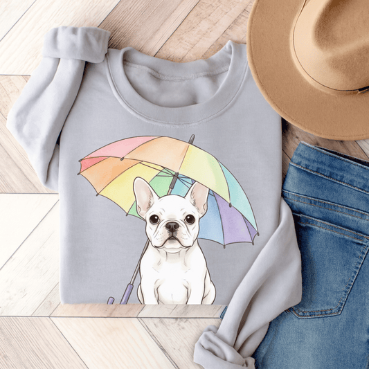 Rainy Day Rainbow White Fawn French Bulldog Sweatshirt Ash