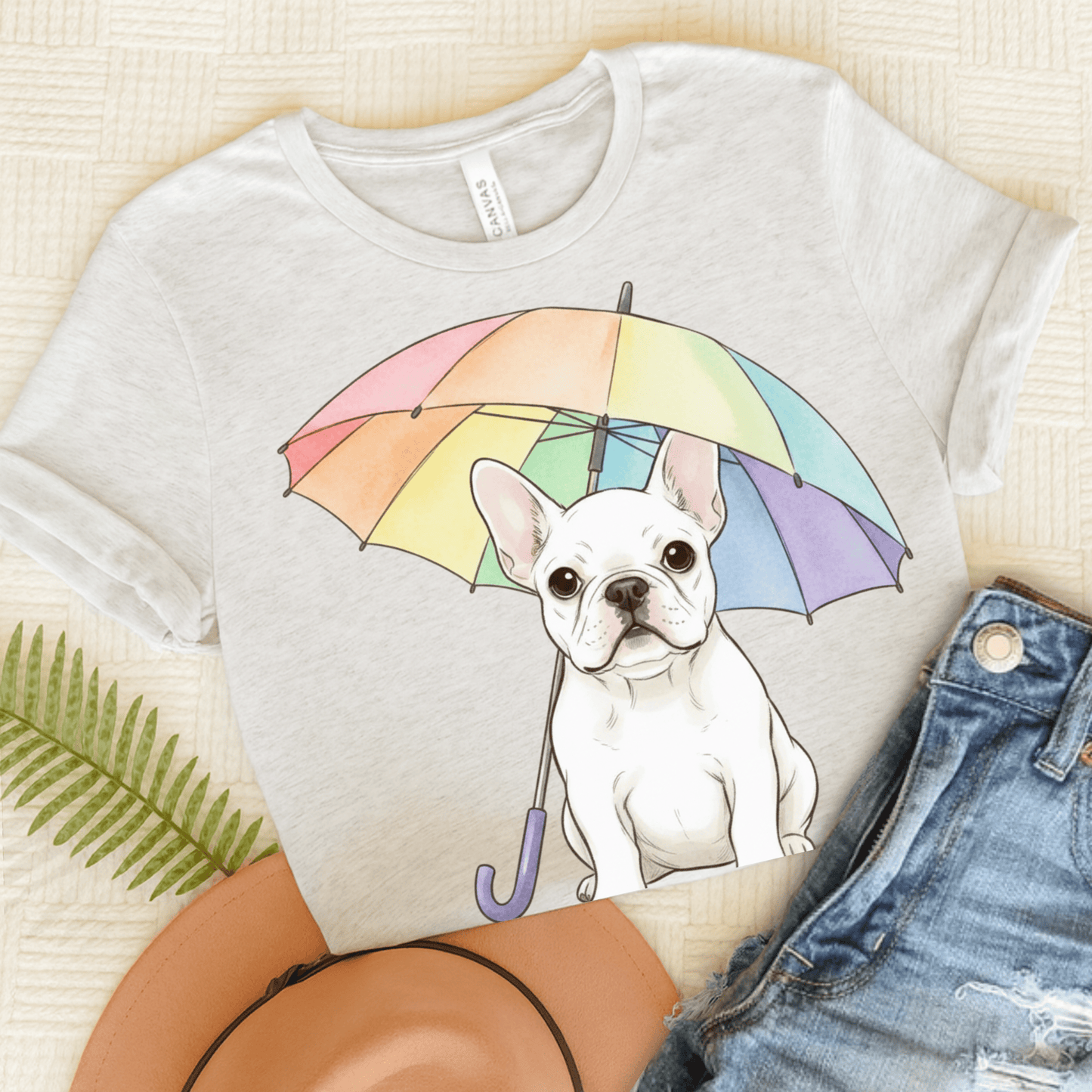 Rainy Day Rainbow White French Bulldog Tshirt Ash