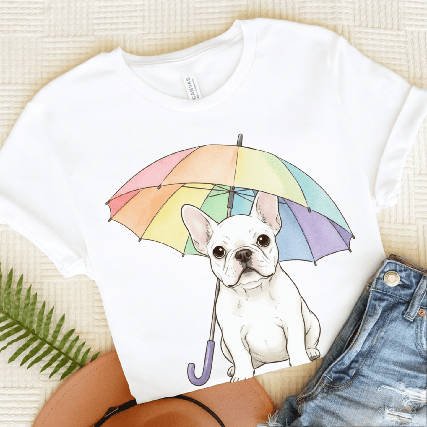 Rainy Day Rainbow White French Bulldog Tshirt White