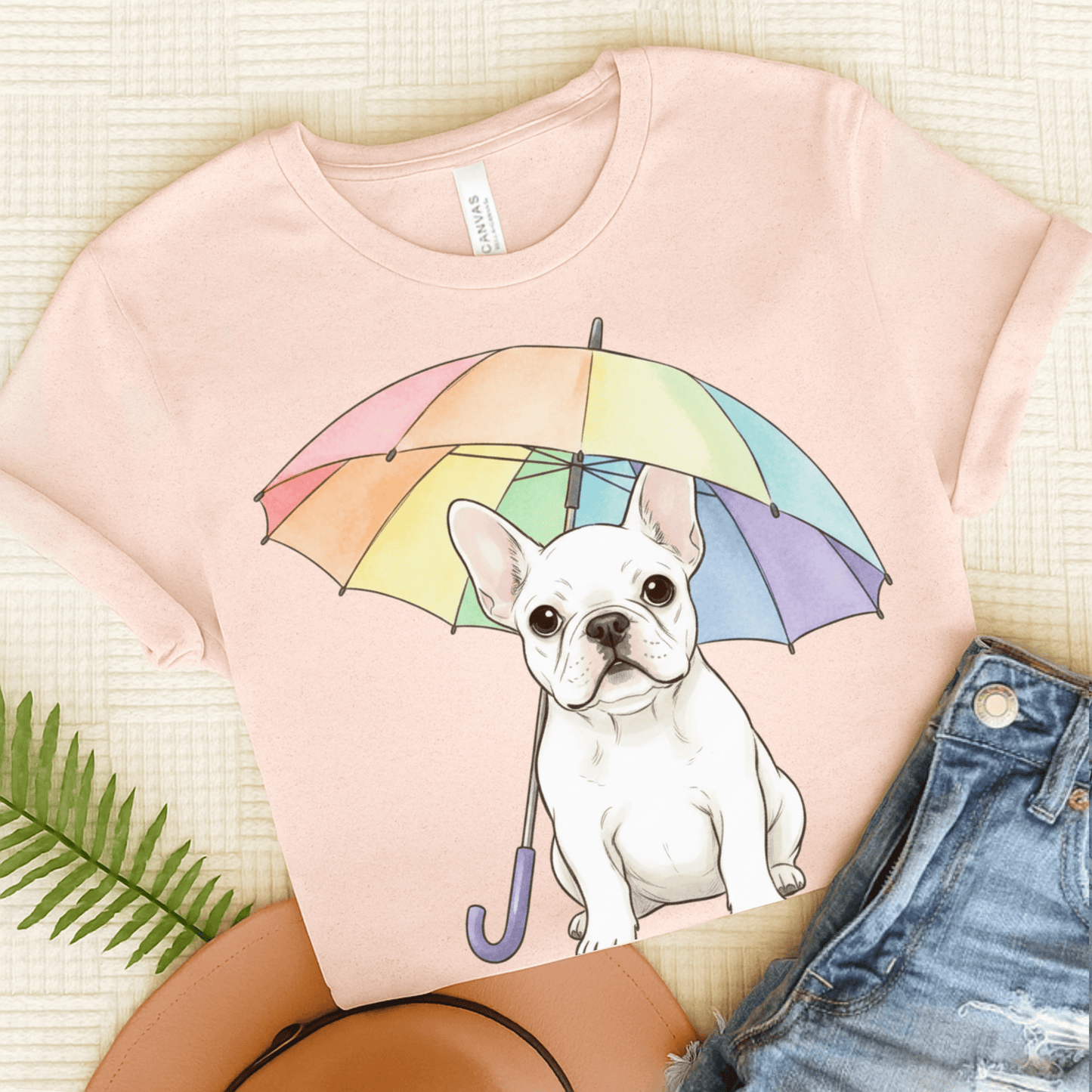 Rainy Day Rainbow White French Bulldog Tshirt Soft Pink