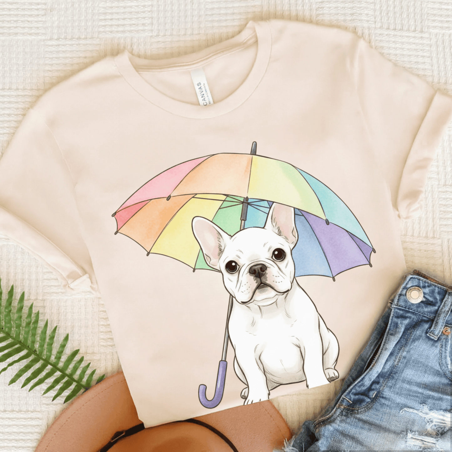 Rainy Day Rainbow White French Bulldog Tshirt Natural