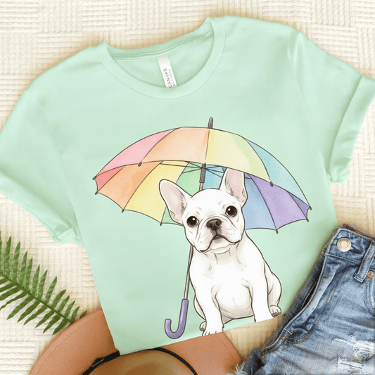 Rainy Day Rainbow White French Bulldog Tshirt Heather Mint