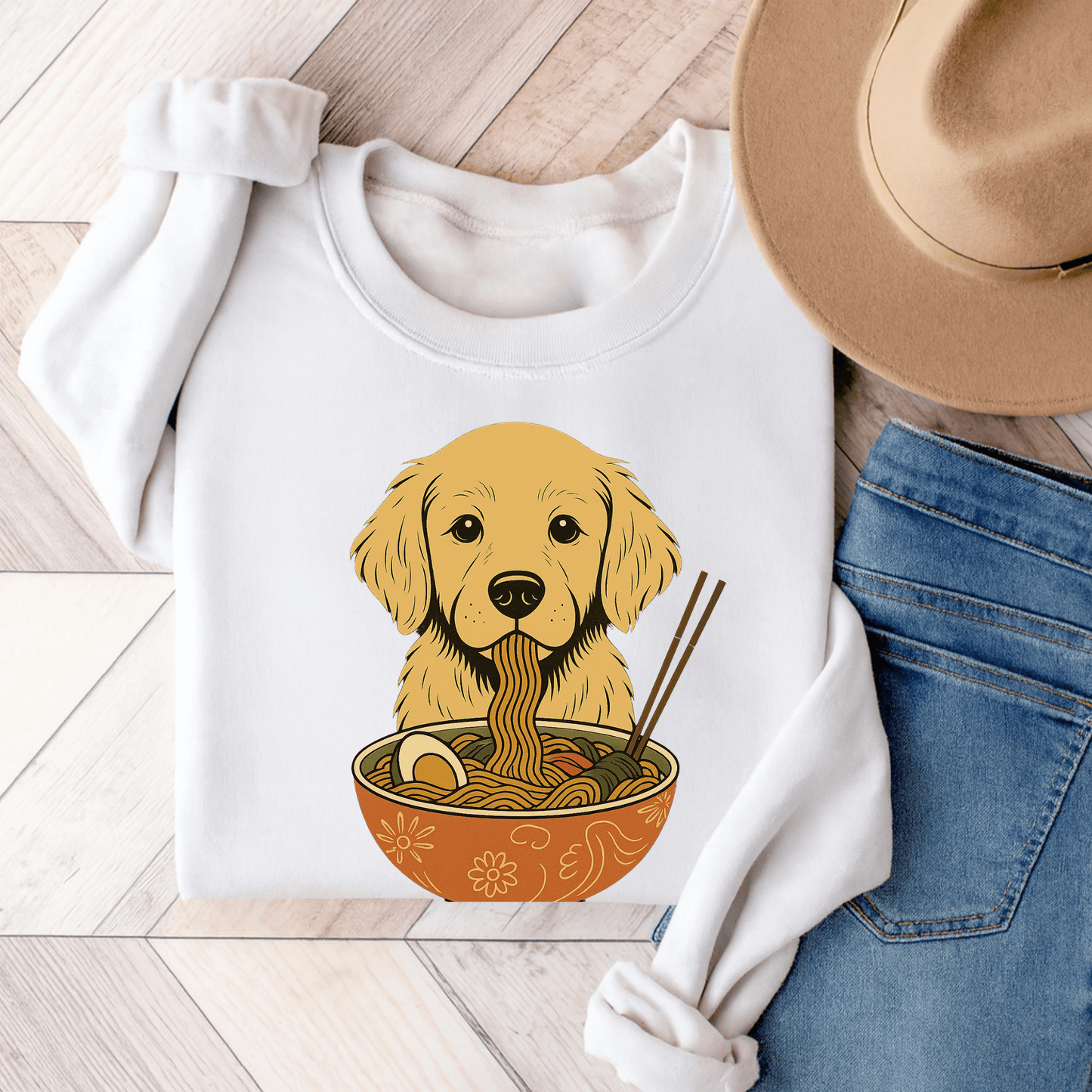 Ramen Golden Retriever Unisex Sweatshirt White
