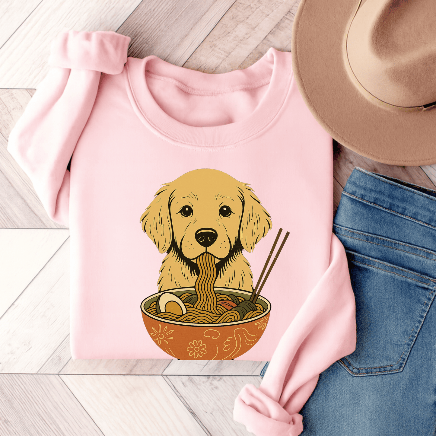 Ramen Golden Retriever Unisex Sweatshirt Light Pink