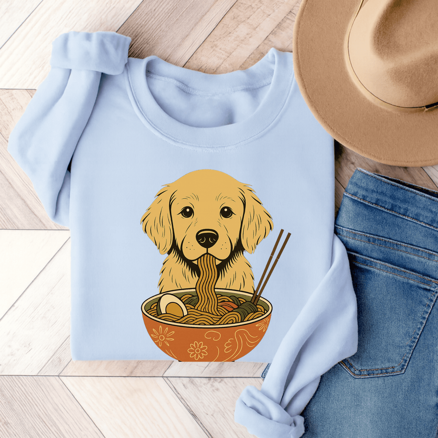 Ramen Golden Retriever Unisex Sweatshirt Light Blue