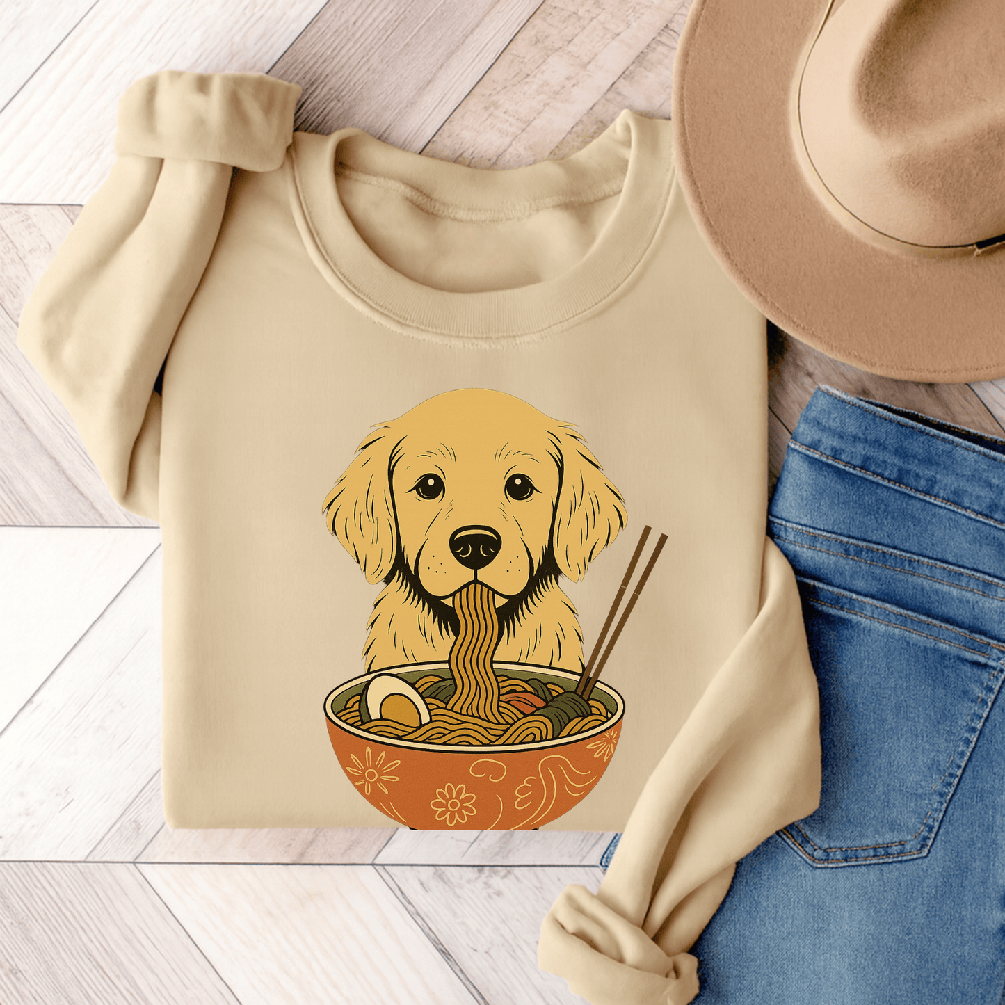 Ramen Golden Retriever Unisex Sweatshirt Sand