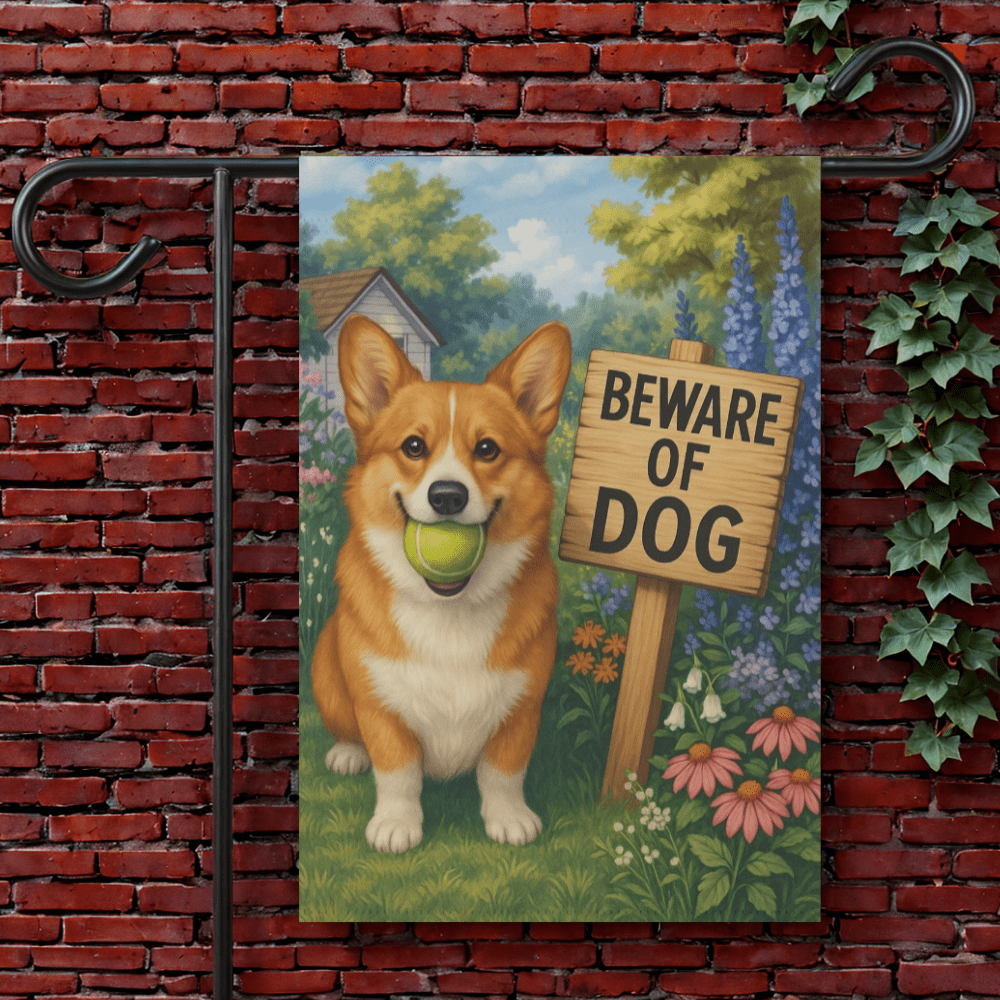 Printify Garden Flag 12'' × 18'' Red Corgi Funny Beware Garden Flag