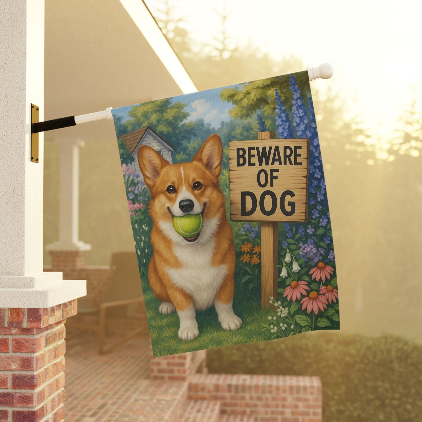 Printify Garden Flag Red Corgi Funny Beware Garden Flag