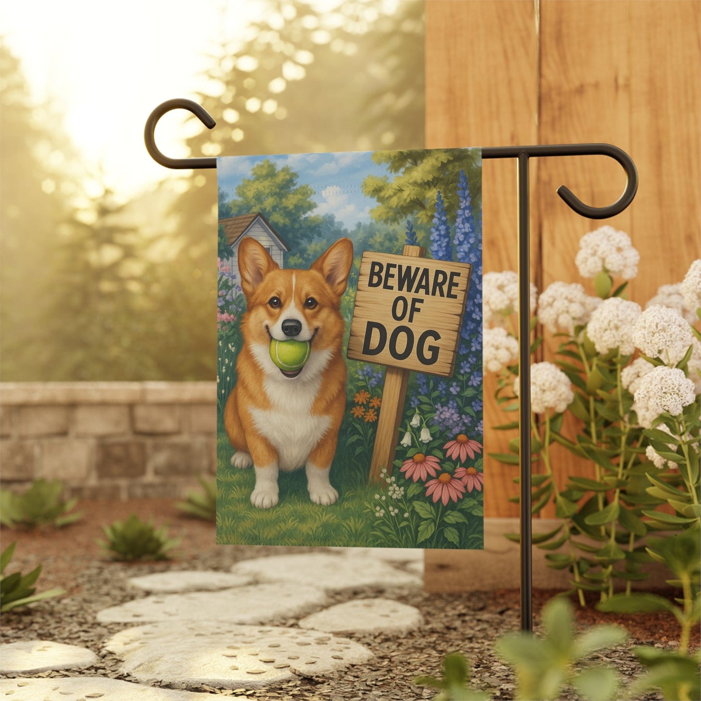 Printify Garden Flag Red Corgi Funny Beware Garden Flag