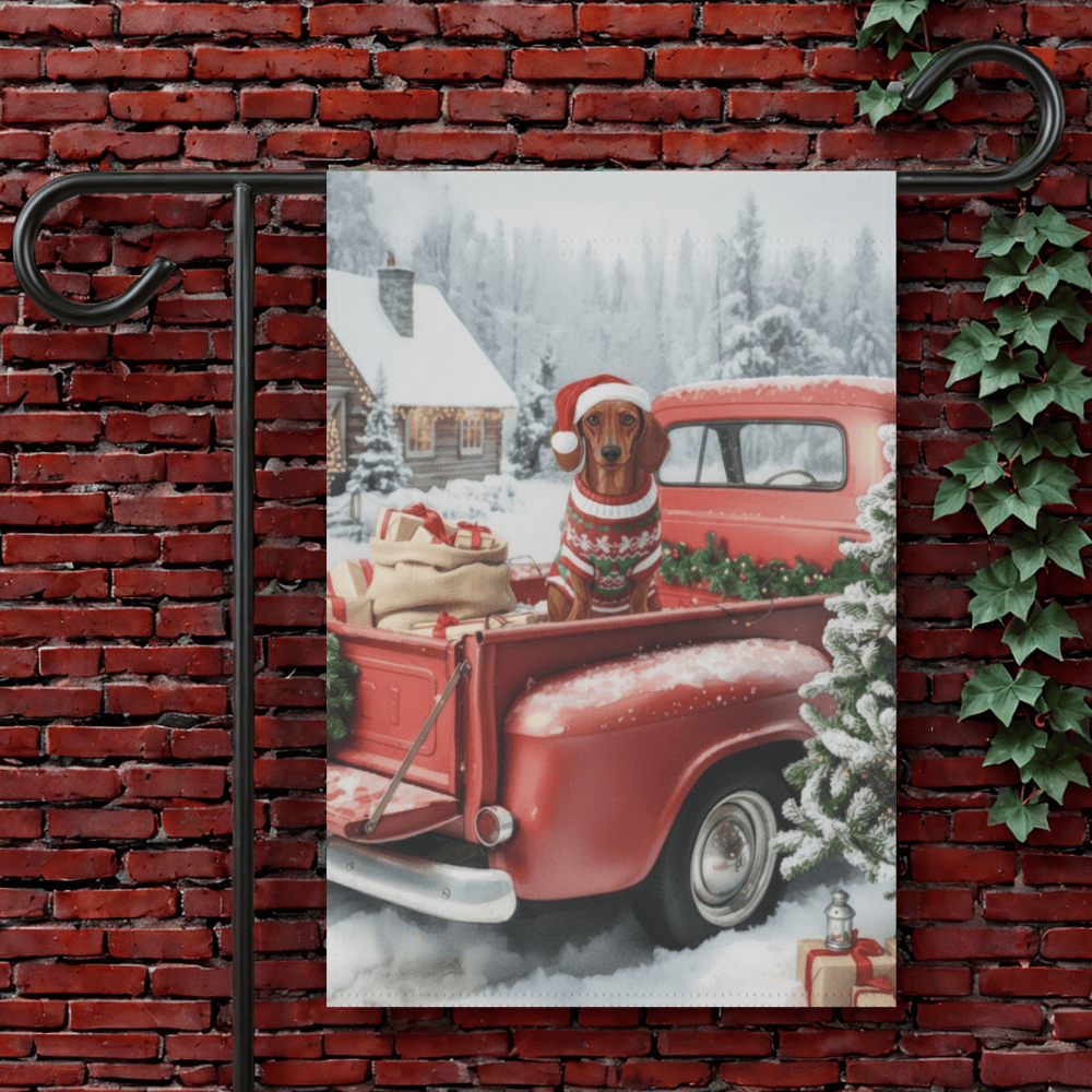 Red Dachshund Dog Red Truck Christmas Garden Flag 12'' × 18''