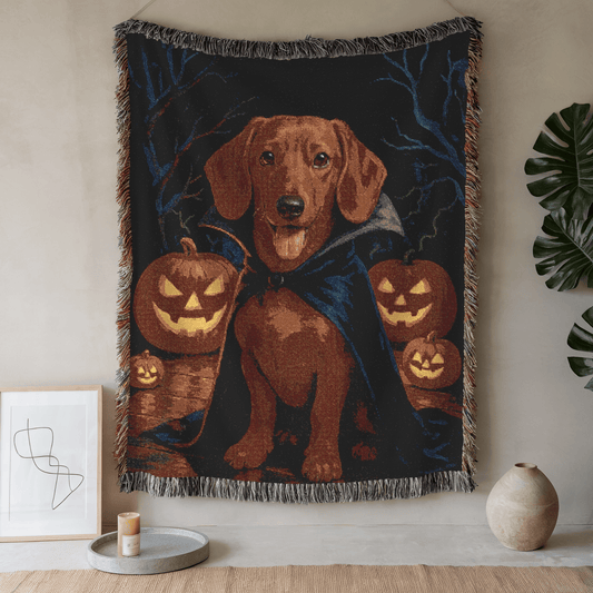 Printify Blanket 52'' × 37'' Red Dachshund Halloween Woven Blanket